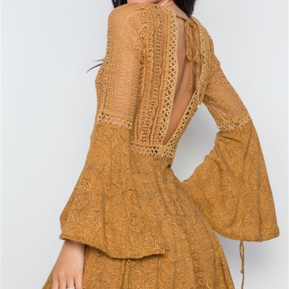 LAST 1! SIZE SMALL! TAN CROCHET BELL SLEEVES BOHO DRESS - Picture 2 of 8